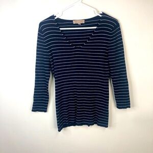 Philosophy navy blue striped knit v-neck 3/4 sleeve top L